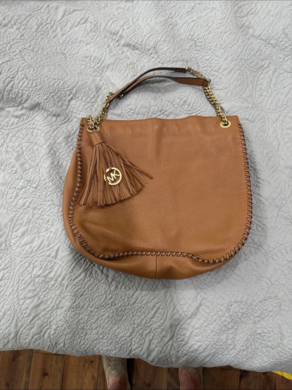 Michael Kors Cognac Leather Hobo with Tassel and Gold Hardware